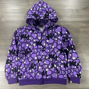 YLSK Large Purple Full Zip Hoodie Hearts Stars Zipped Hoodie All Over Graphic